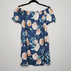 PEACH LOVE Blue Floral Print Off Shoulder Short Sleeve Mini Dress Sz Small S